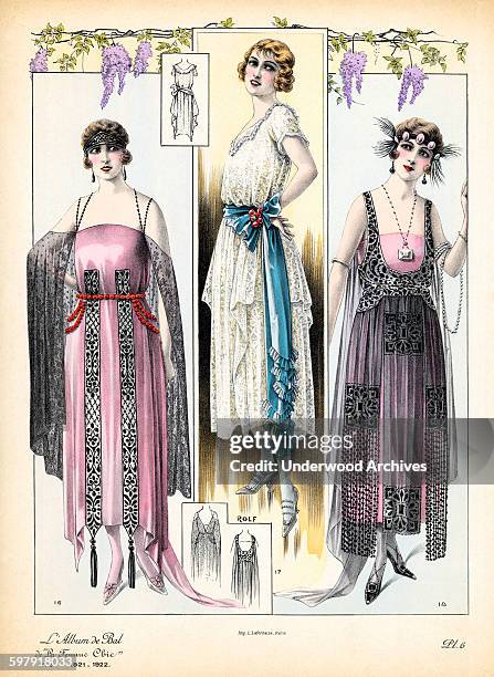 Lithographic plate of three fashionable women from a French fashion catalogue, 'De La Femme Chic,' Paris, France, 1921.