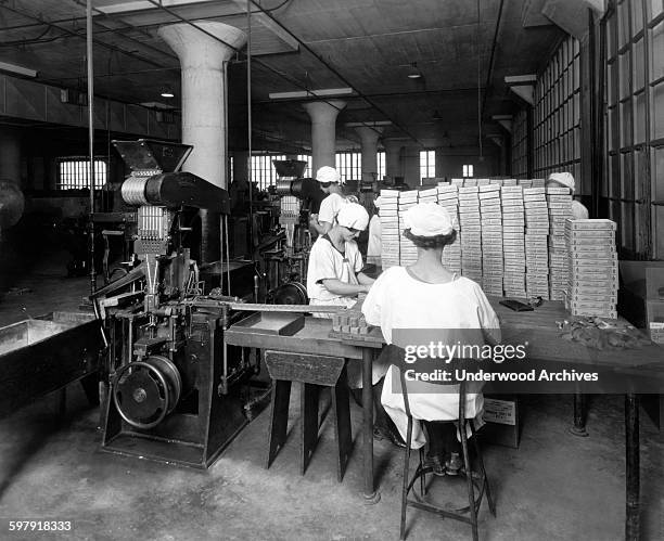 The Chiclet packing department at the American Chicle Company plant, Long Island City, New York, 1923.