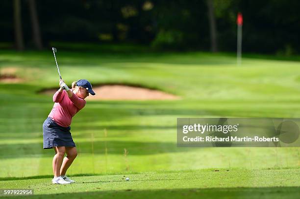 Alexandra Keighley of Huddersfield Golf Club tees off during the PGA Pro-Captain North Qualifier at Rudding Park on August 30, 2016 in Harrogate,...