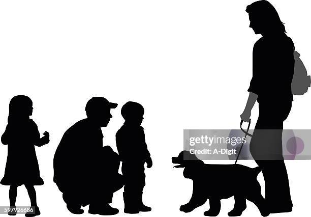 stockillustraties, clipart, cartoons en iconen met kids meeting new people and their dog - hurken