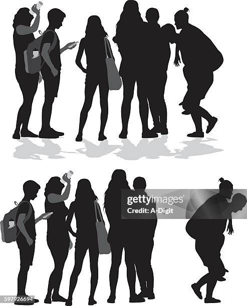 group of silhouette teenagers - piggyback stock illustrations