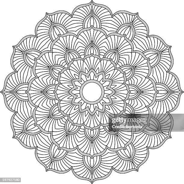 ornate circular mandala design, black and white line art - indian design pattern stock illustrations