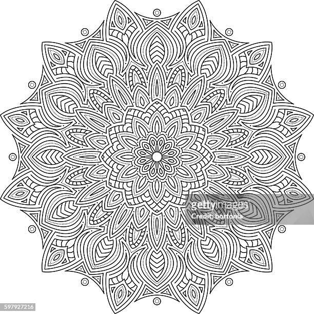 ornate circular mandala design, black and white line art - black and white flower tattoo designs stock illustrations
