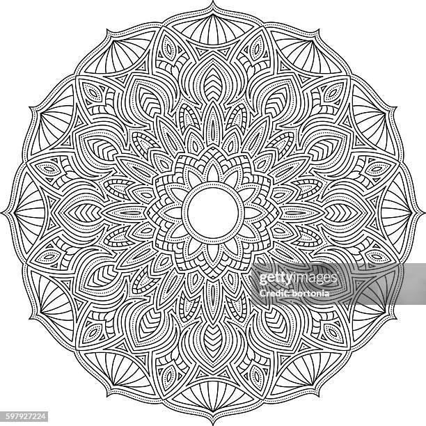 illustrazioni stock, clip art, cartoni animati e icone di tendenza di design mandala circolare ornato, arte della linea in bianco e nero - cerchio in metallo da pilates