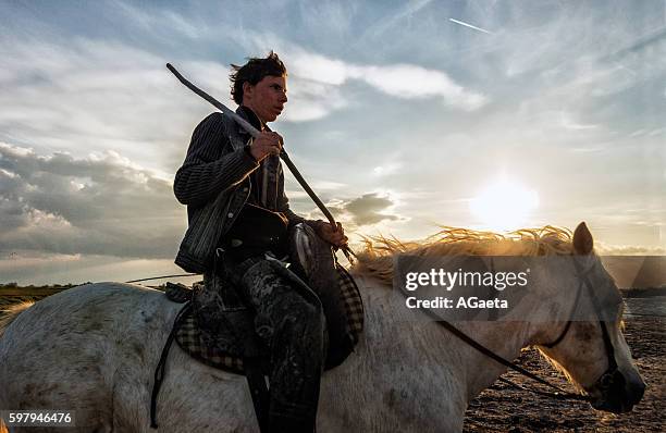 cowboy on horse - imbrunire stockfoto's en -beelden