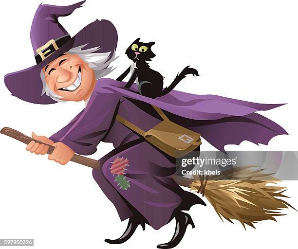 hexe fliegt auf einem besen - ugly witches stock-grafiken, -clipart, -cartoons und -symbole