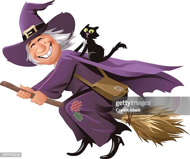 stockillustraties, clipart, cartoons en iconen met witch flying on a broom - bezem