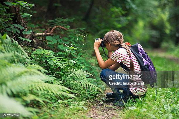 poco chica tomando fotos en el bosque - turismo ecológico fotografías e imágenes de stock