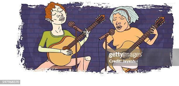 two independent musicians on stage singing at gig - indie rock stock illustrations