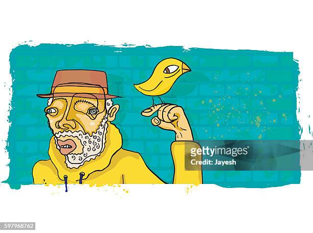 eccentric bearded man in hoodie with bird on finger - canary bird stock illustrations