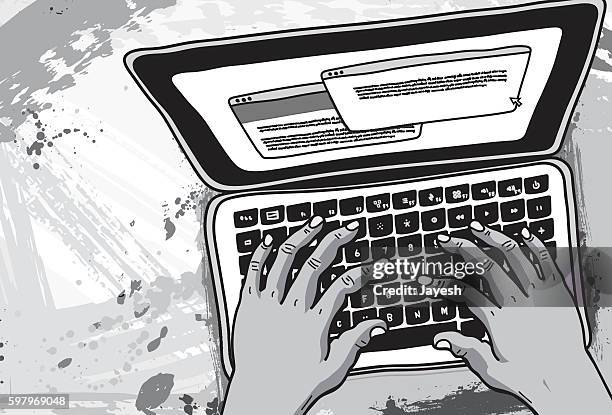 typing on laptop illustration - correspondence stock illustrations