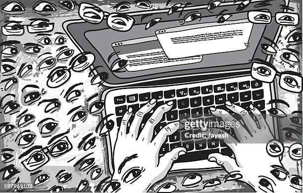 stockillustraties, clipart, cartoons en iconen met followers watching what is being typed on keyboard illustration - redactioneel
