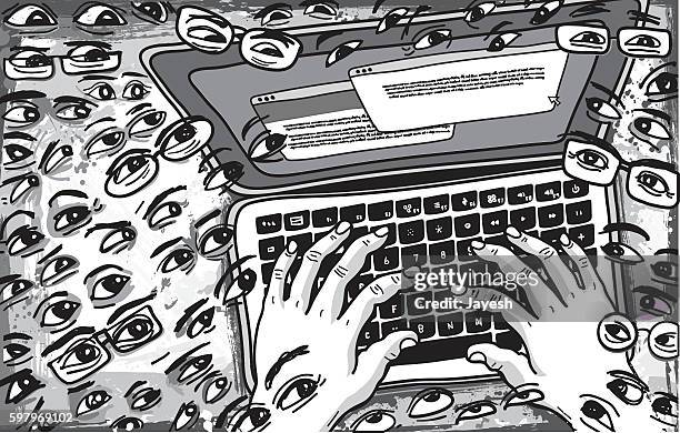 followers watching what is being typed on keyboard illustration - editorial writing stock illustrations