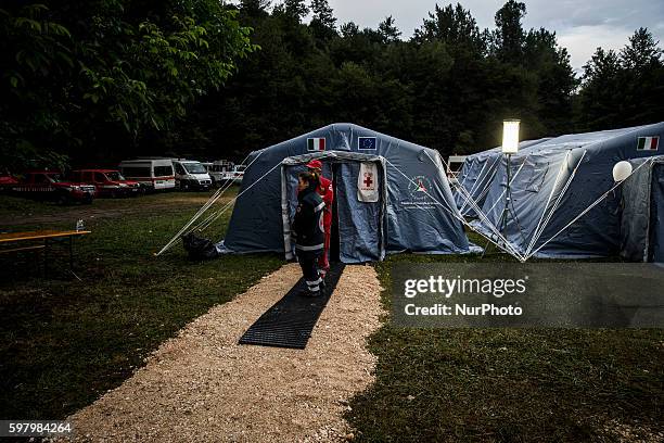 Volunteers in a tent camp in Amatrice hit by earthquake on August 30, 2016 in Amatrice, Italy. Italy has declared a state of emergency in the regions...