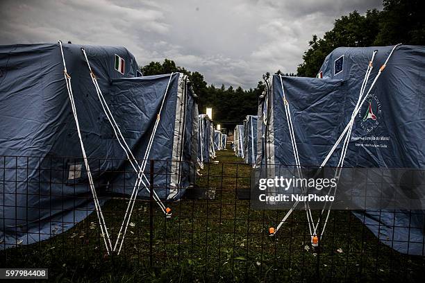 General view of tent camp in Amatrice hit by earthquake on August 30, 2016 in Amatrice, Italy. Italy has declared a state of emergency in the regions...