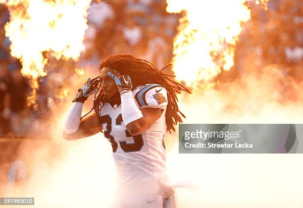 Tre Boston of the Carolina Panthers takes the field prior to their game against the New England Patriots at Bank of America Stadium on August 26,...