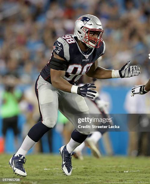 Trey Flowers of the New England Patriots during their game at Bank of America Stadium on August 26, 2016 in Charlotte, North Carolina.