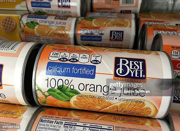 Frozen orange juice is displayed in a freezer at a grocery store on August 30, 2016 in San Rafael, California. Demand for frozen concentrated orange...