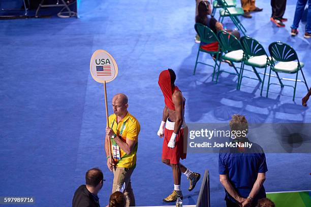 Summer Olympics: USA Shakur Stevenson upset with shirt covering face after losing Men's Bantam 56 kg Final vs Cuba Robeisy Ramirez at Riocentro...