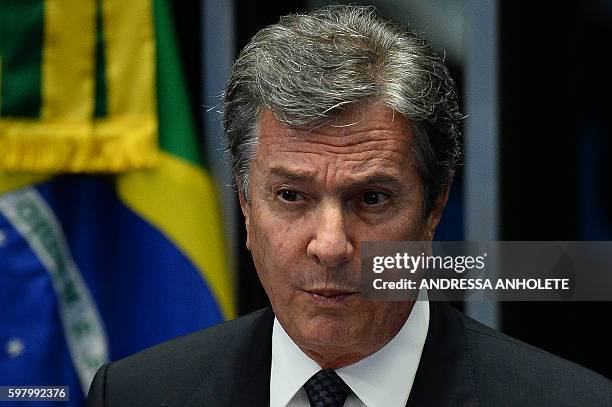 Brazilian senator and former president , Fernando Collor de Mello, speaks during the Senate's debate impeachment trial against Brazil's suspended...