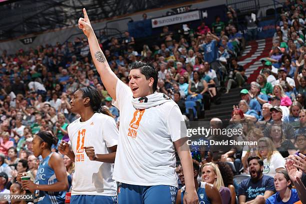 Janel McCarville of the Minnesota Lynx celebrates during the game against the Seattle Storm on August 28, 2016 at Target Center in Minneapolis,...