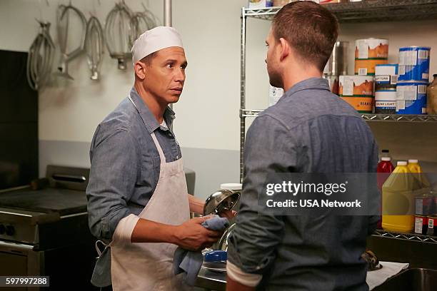 The Hand That Feeds You" Episode 609 -- Pictured: Erik Palladino as Kevin Miller, Patrick J. Adams as Michael Ross --