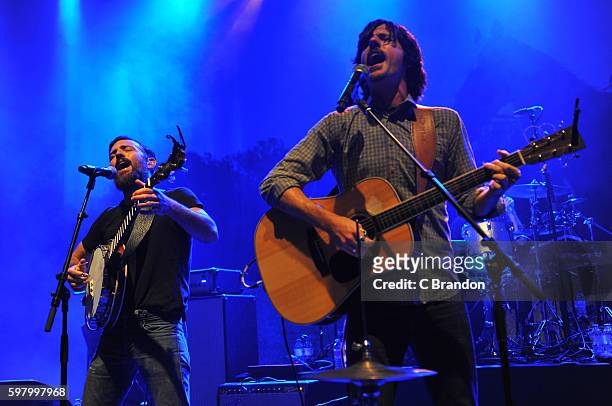Scott Avett and Seth Avett of The Avett Brothers perform on stage at the O2 Shepherd's Bush Empire on August 30, 2016 in London, England.