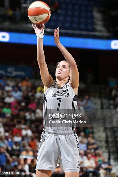 Haley Peters of the San Antonio Stars shoots a free throw against the Connecticut Sun on August 30, 2016 at the Mohegan Sun Arena in Uncasville,...