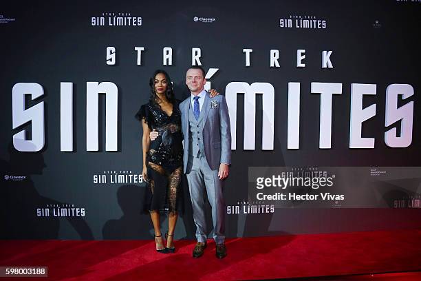 American actress Zoe Saldana and English actor Simon Pegg pose during the Mexican Premier of 'Star Trek Beyond' at Cinemex Antara on August 30, 2016...