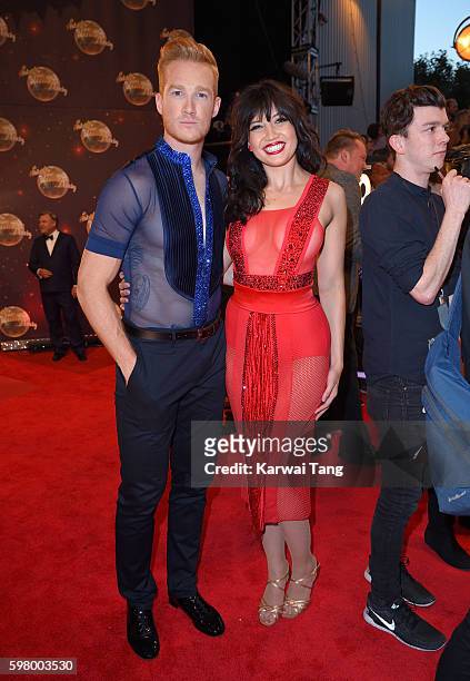 Greg Rutherford and Daisy Lowe arrive for the Red Carpet Launch of 'Strictly Come Dancing 2016' at Elstree Studios on August 30, 2016 in Borehamwood,...