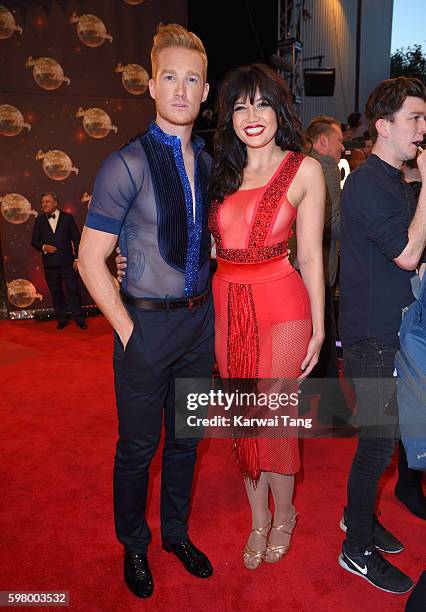 Greg Rutherford and Daisy Lowe arrive for the Red Carpet Launch of 'Strictly Come Dancing 2016' at Elstree Studios on August 30, 2016 in Borehamwood,...