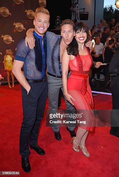 Greg Rutherford, Brendan Cole and Daisy Lowe arrive for the Red Carpet Launch of 'Strictly Come Dancing 2016' at Elstree Studios on August 30, 2016...