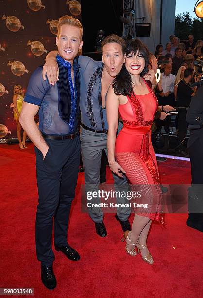 Greg Rutherford, Brendan Cole and Daisy Lowe arrive for the Red Carpet Launch of 'Strictly Come Dancing 2016' at Elstree Studios on August 30, 2016...