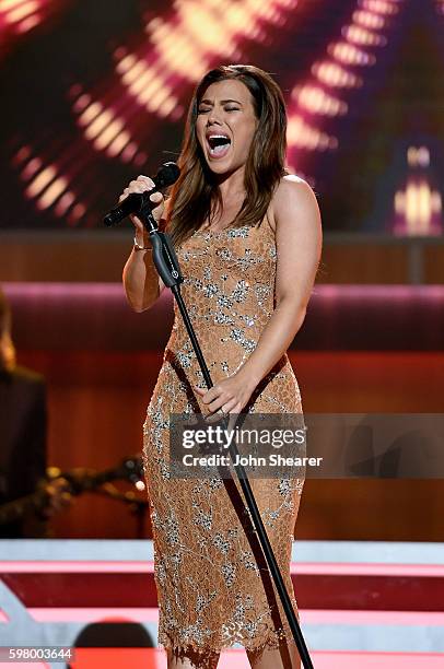 Musical artist Kimberly Perry from musical group The Band Perry performs onstage during the 10th Annual ACM Honors at the Ryman Auditorium on August...