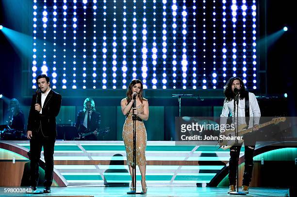 Musical artists Neil Perry, Kimberly Perry and Reid Perry from musicial group The Band Perry perform onstage at the 10th Annual ACM Honors at the...