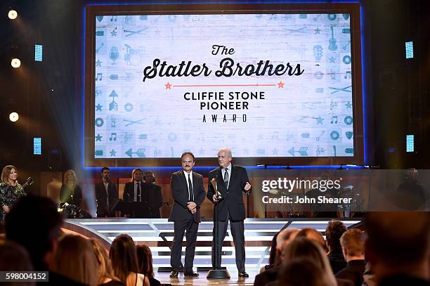 Singers Jimmy Fortune and Don Reid from musical group The Statler Brothers perform onstage during the 10th Annual ACM Honors at the Ryman Auditorium...