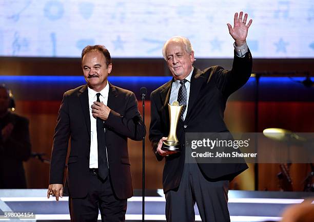 Singers Jimmy Fortune and Don Reid from musical group The Statler Brothers perform onstage during the 10th Annual ACM Honors at the Ryman Auditorium...