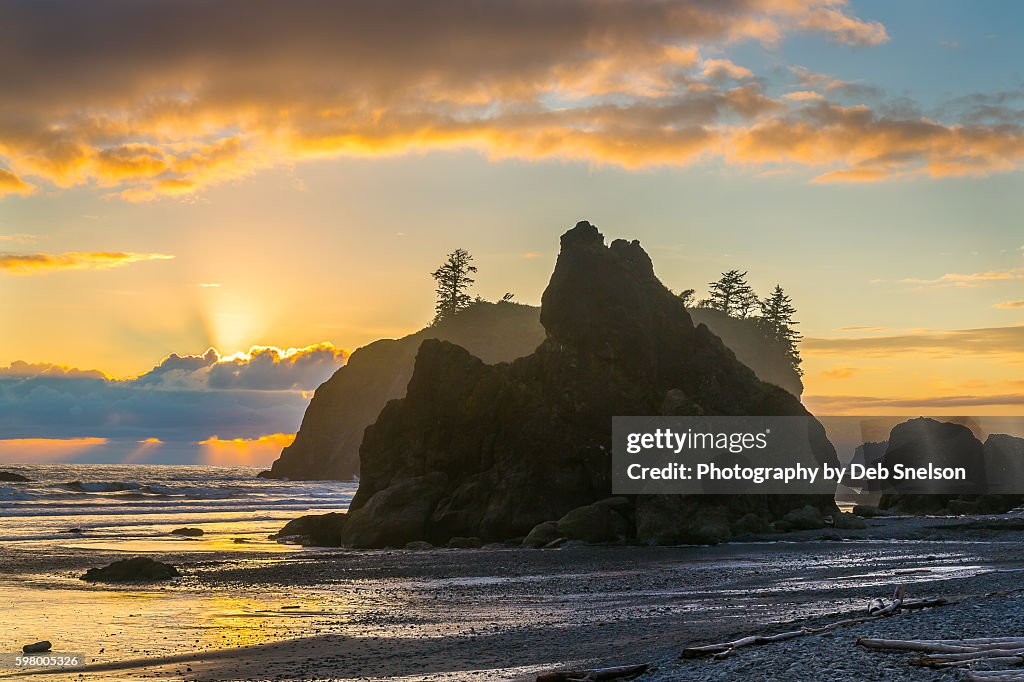 Sunbeams and Sunset on Ruby Beach in the Olympic National Park Washington