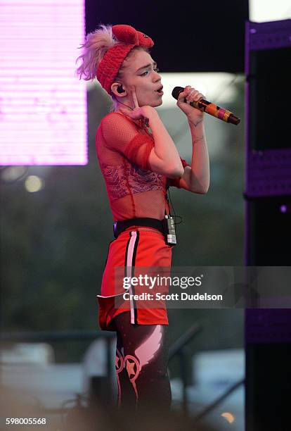 Singer Grimes performs onstage during FYF Festival at Los Angeles Sports Arena on August 27, 2016 in Los Angeles, California.