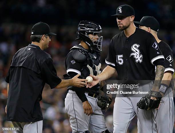 Anthony Ranaudo of the Chicago White Sox is pulled by manager Robin Ventura of the Chicago White Sox after giving up a double to Miguel Cabrera of...