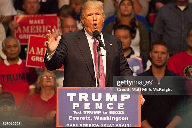 Donald Trump speaks during a campaign rally on August 30, 2016 in Everett, Washington. Trump addressed immigration issues on the same night that his...