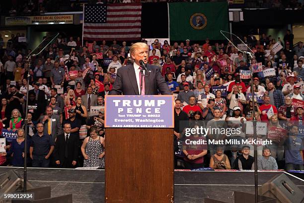 Donald Trump speaks during a campaign rally on August 30, 2016 in Everett, Washington. Trump addressed immigration issues on the same night that his...