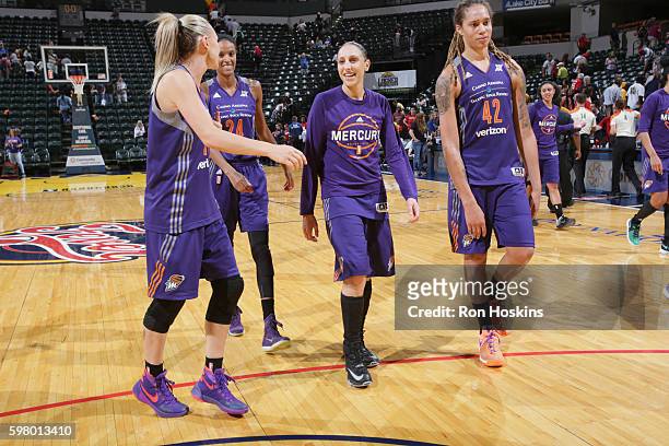 Penny Taylor, DeWanna Bonner, Diana Taurasi and Brittney Griner of the Phoenix Mercury celebrate a win against the Indiana Fever on August 30, 2016...