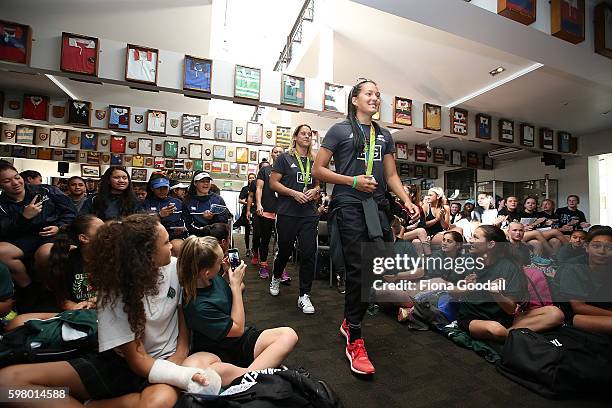 Women's Sevens players lead by Tyla Nathan-Wong during the New Zealand Rugby Women's Sevens Olympic Medallist Tour on August 31, 2016 in Auckland,...