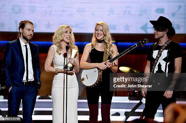 Cal Campbell, Kimberly Campbell, Ashley Campbell, and Shannon Campbell speak onstage during the 10th Annual ACM Honors at the Ryman Auditorium on...