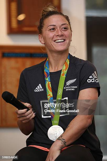 Women's Sevens player Niall Williams speaks to students during the New Zealand Rugby Women's Sevens Olympic Medallist Tour on August 31, 2016 in...