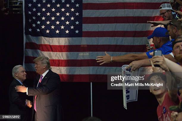 Republican presidential candidate Donald Trump enters a campaign rally at Xfinity Arena on August 30, 2016 in Everett, Washington. Trump addressed...