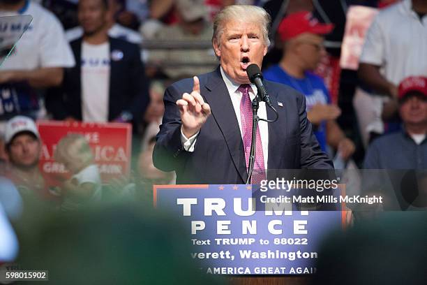 Republican presidential candidate Donald Trump speaks during a campaign rally on August 30, 2016 in Everett, Washington. Trump addressed immigration...