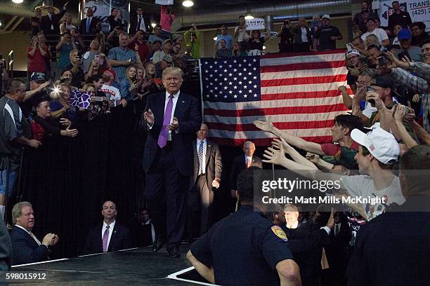 Republican presidential candidate Donald Trump arrives to a campaign rally at Xfinity Arena on August 30, 2016 in Everett, Washington. Trump...