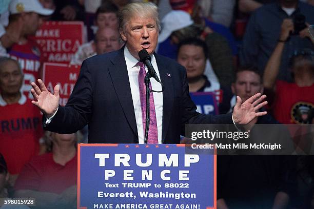 Republican presidential candidate Donald Trump speaks during a campaign rally on August 30, 2016 at Xfinity Arena in Everett, Washington. Trump...